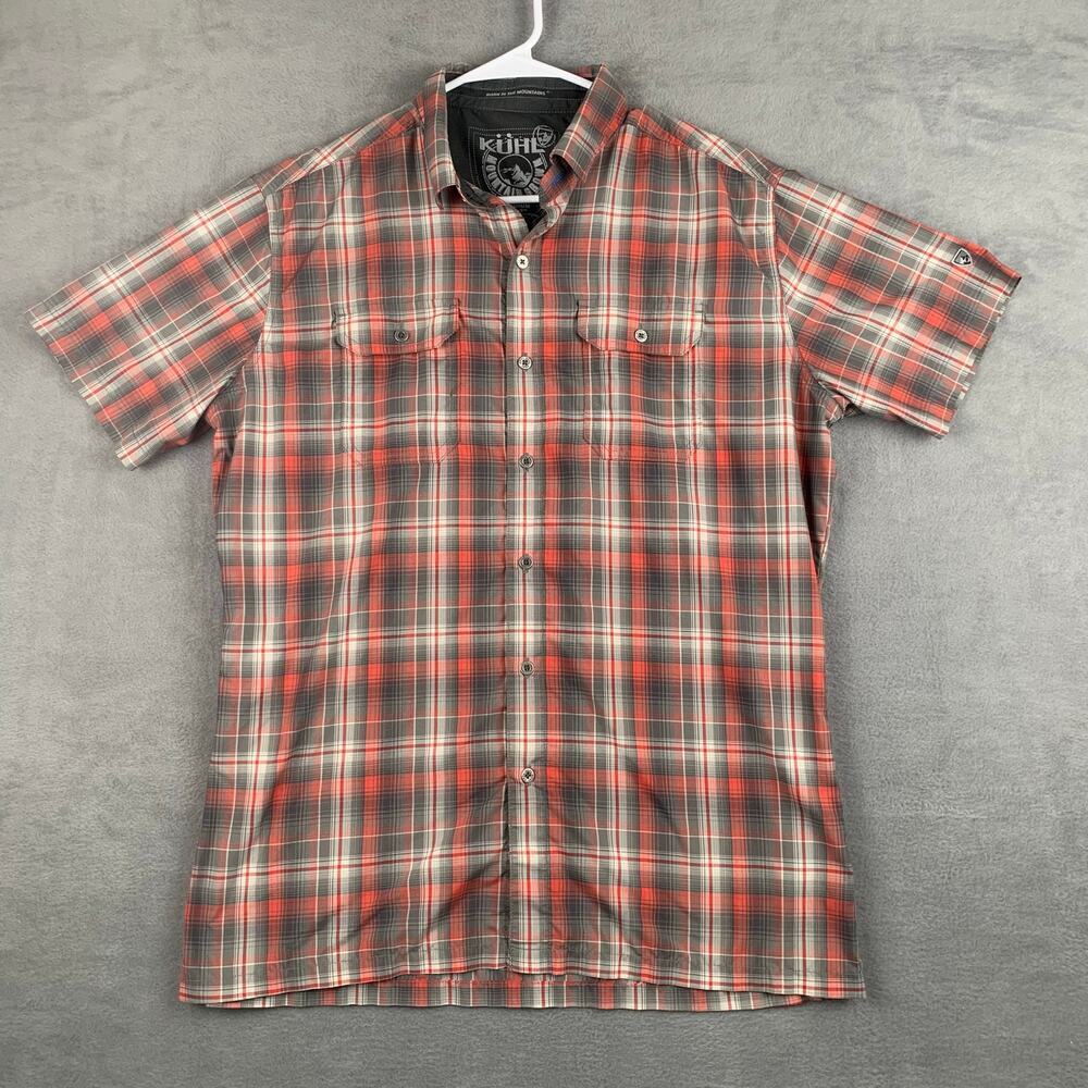 Kuhl Men’s Plaid Short‎ Sleeve Button Up Hiking Shirt Medium Red Gray